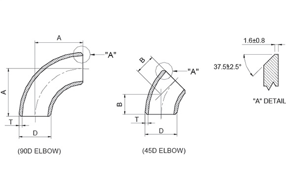 Elbow 90° & 45° (L/R) reference drawing